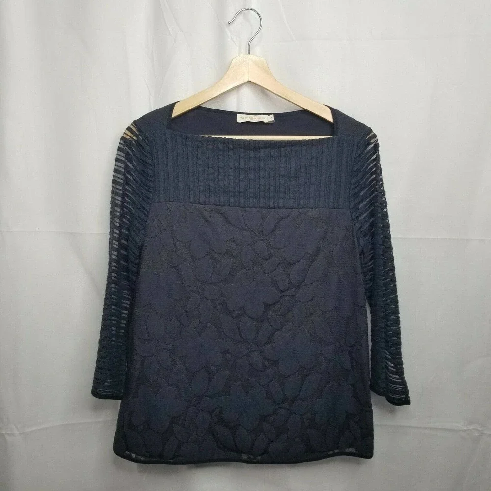 Tory Burch Navy Blue Long Transparent Sleeve Floral Pattern Top Size S/P